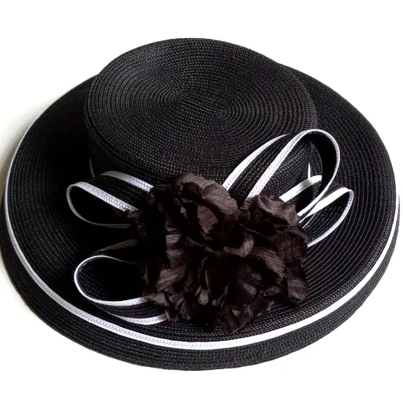 Elegant White Hat with Black Floral Accent Black Orchid With White Wedding Fascinator Race Derby Day  main image 4